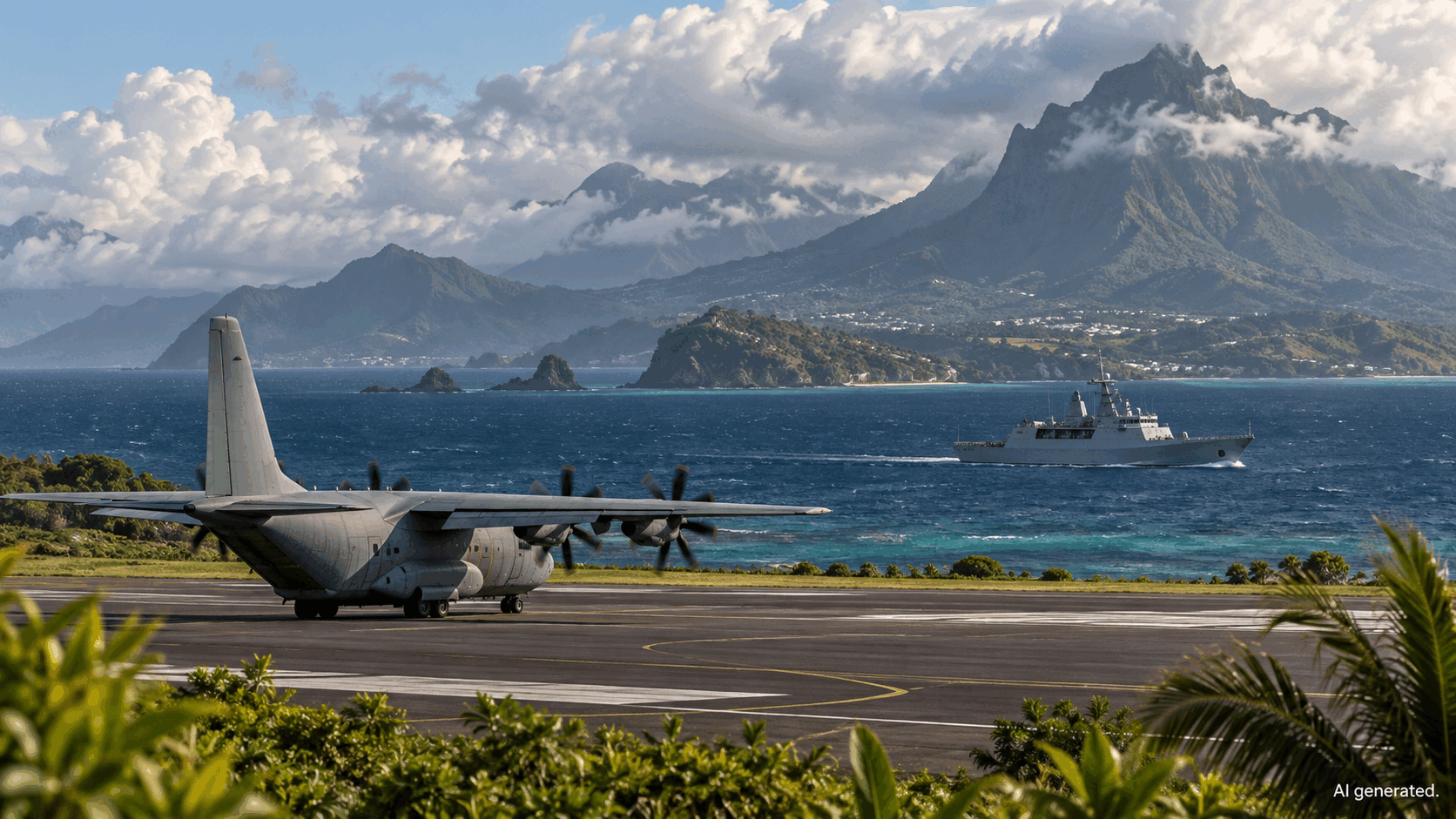 A fictional tropical air base with a transport aircraft and patrol vessel, AI generated