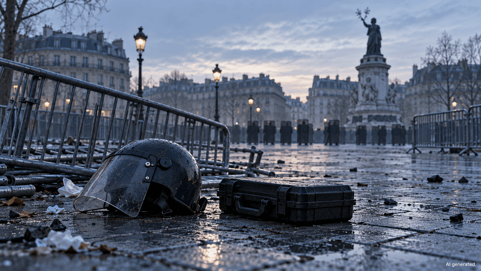 An empty French square with crowd-control barriers and a helmet, AI generated