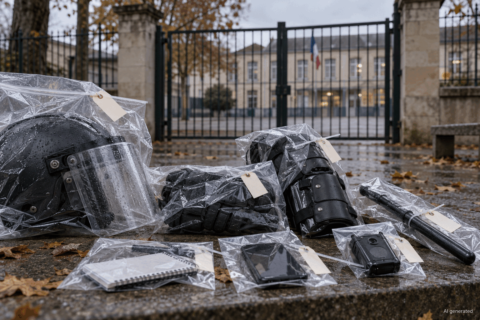 Riot-control equipment near blurred French school gates, AI generated