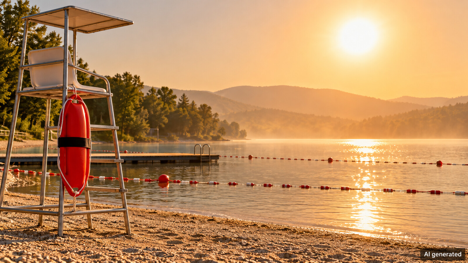 An empty supervised lakeside swimming area during intense heat, AI generated