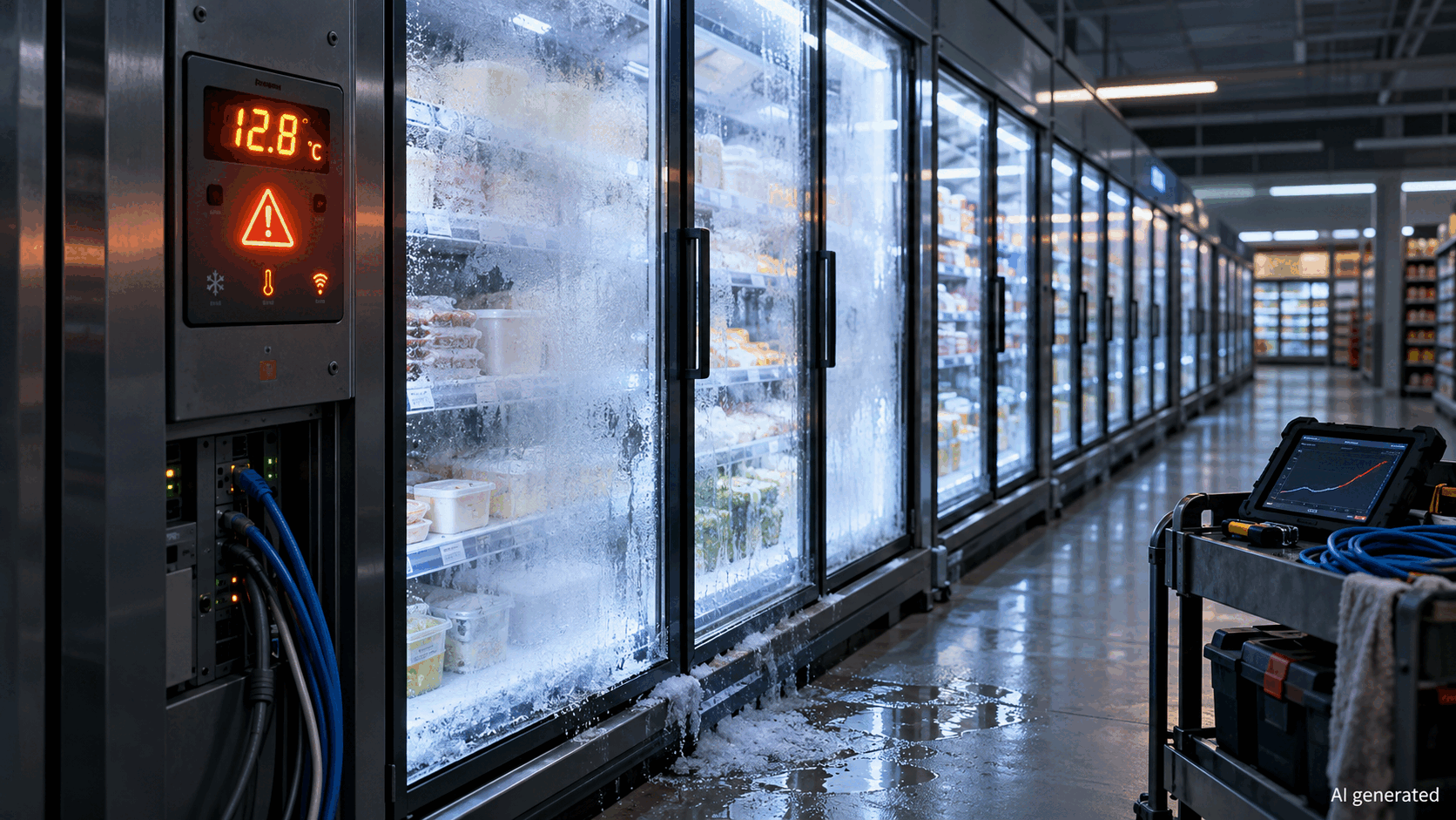 A generic supermarket refrigerator showing an abnormal temperature warning, AI generated