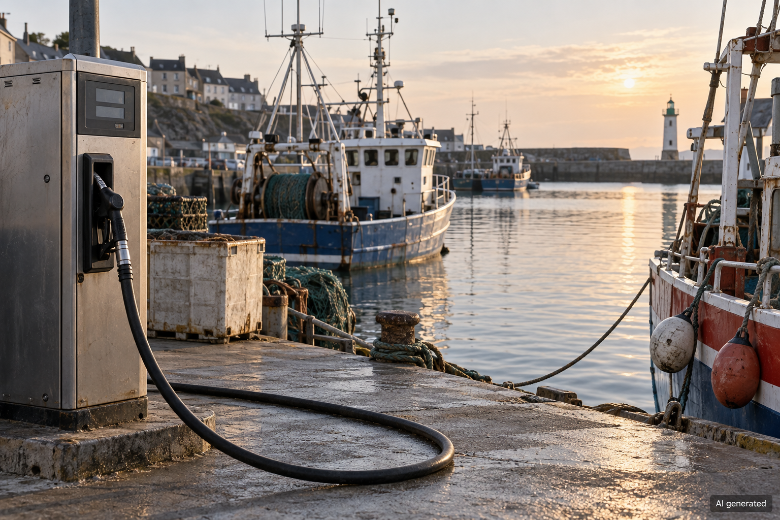 Fuel pump beside boats in a fictional French fishing harbour, AI generated