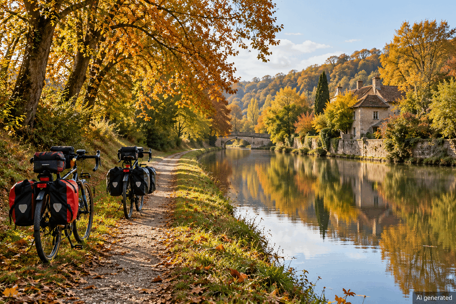 Two touring bicycles beside a fictional autumn canal towpath, AI generated
