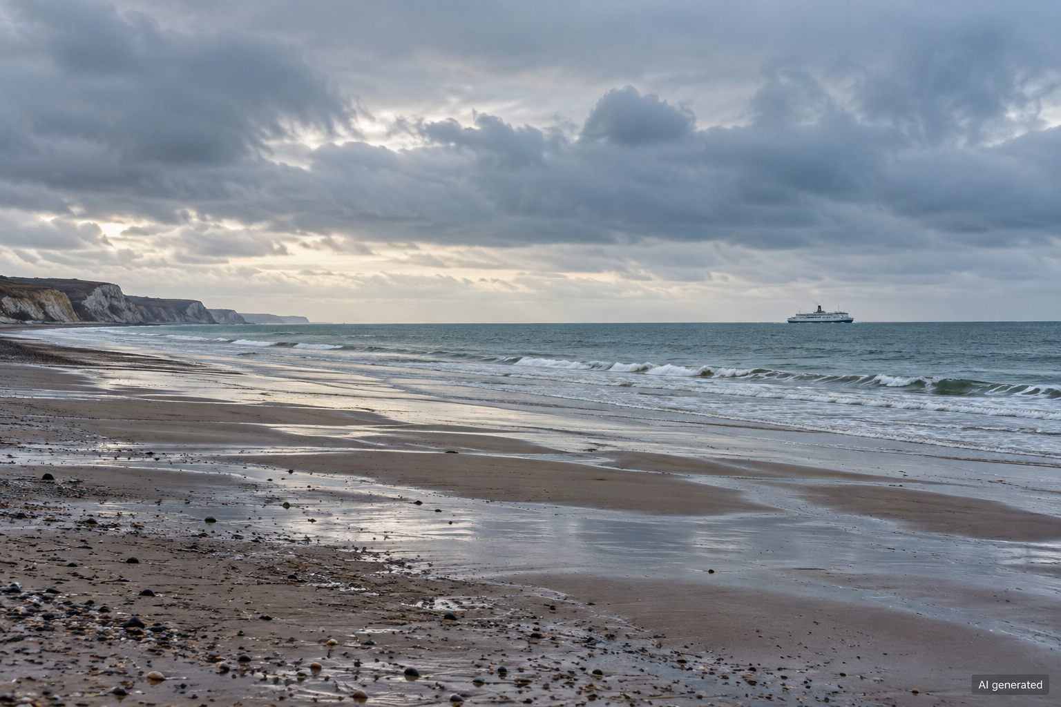 Empty coastal beach with distant ferry under a grey sky, AI generated