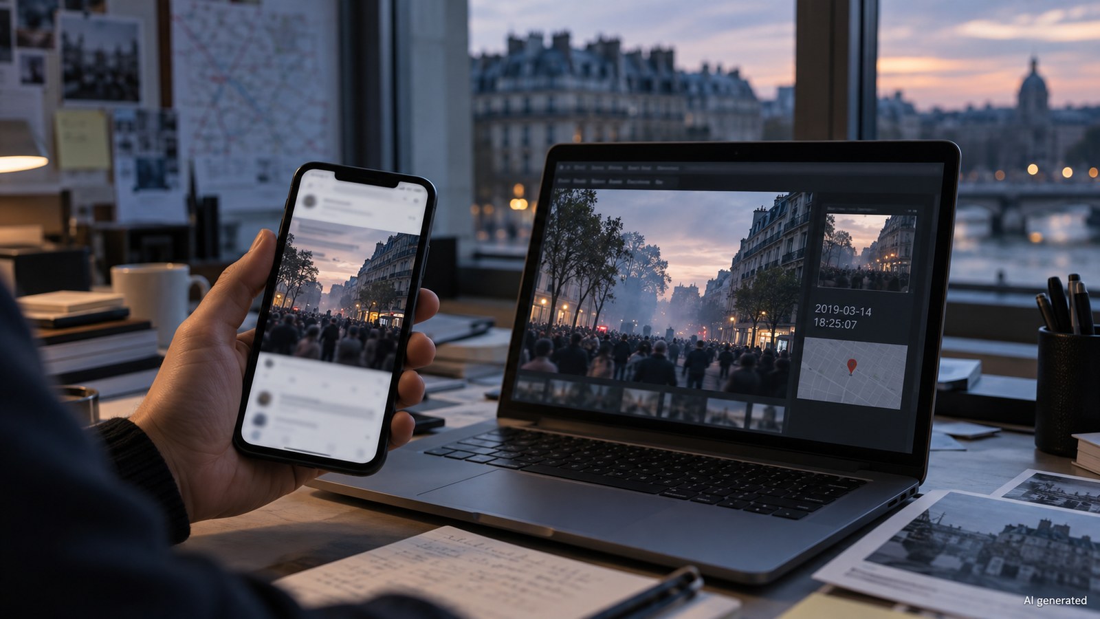 A newsroom desk compares a phone image with a dated screen, AI generated
