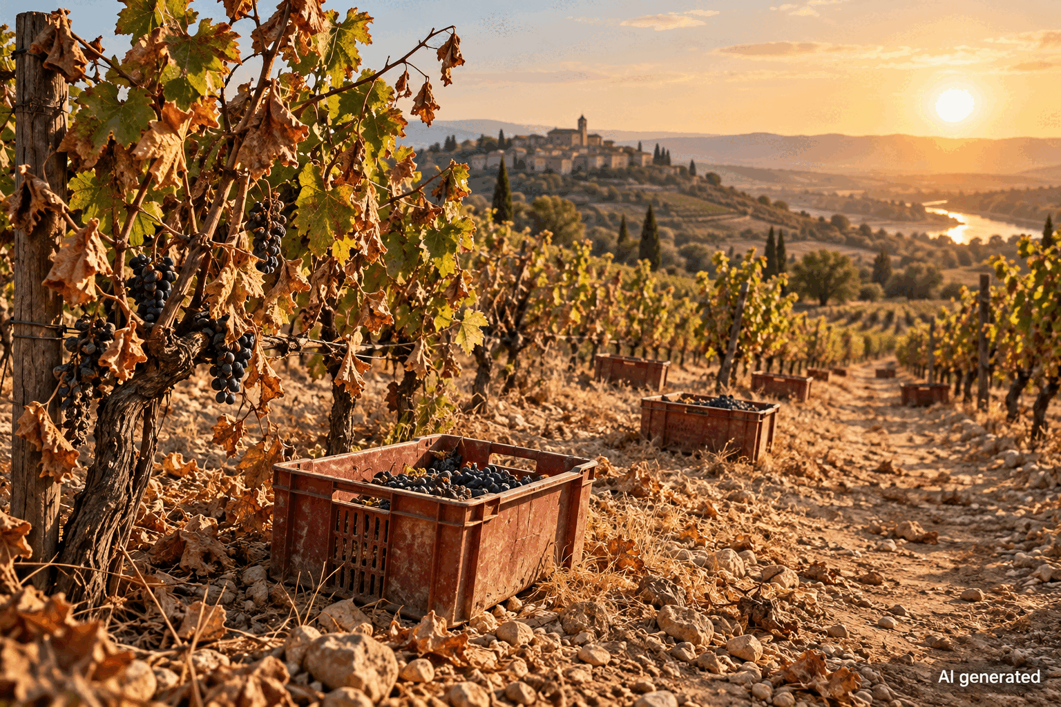 French vineyard after a hot and dry growing season, AI generated