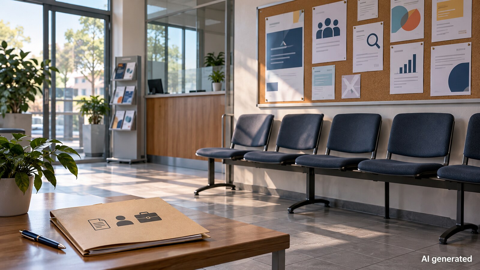 An imagined employment office waiting area with empty chairs and generic notices, AI generated