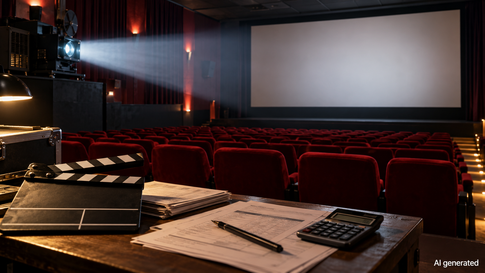An empty cinema with production papers and a calculator, AI generated