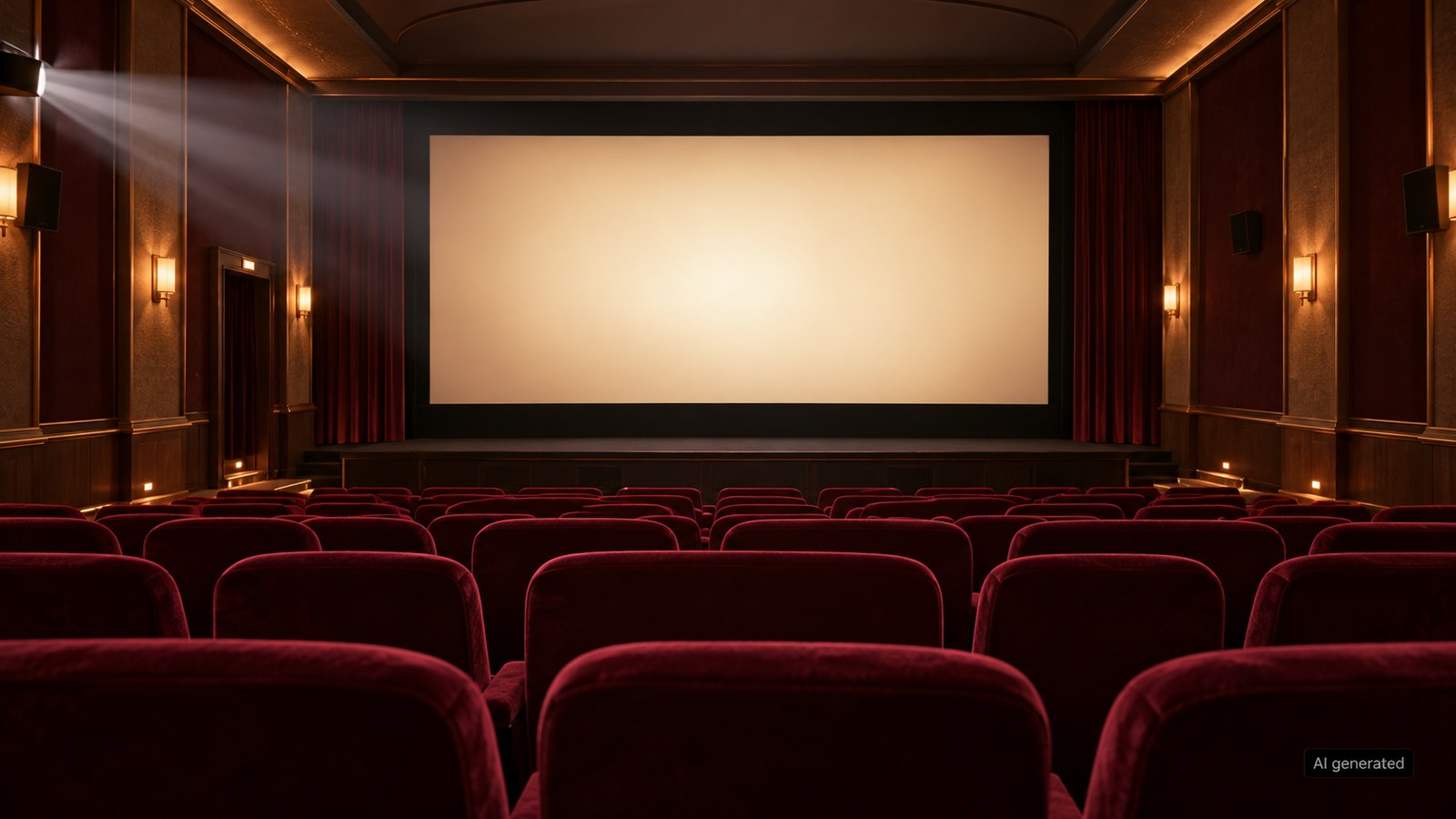 An empty cinema auditorium with burgundy seats, AI generated