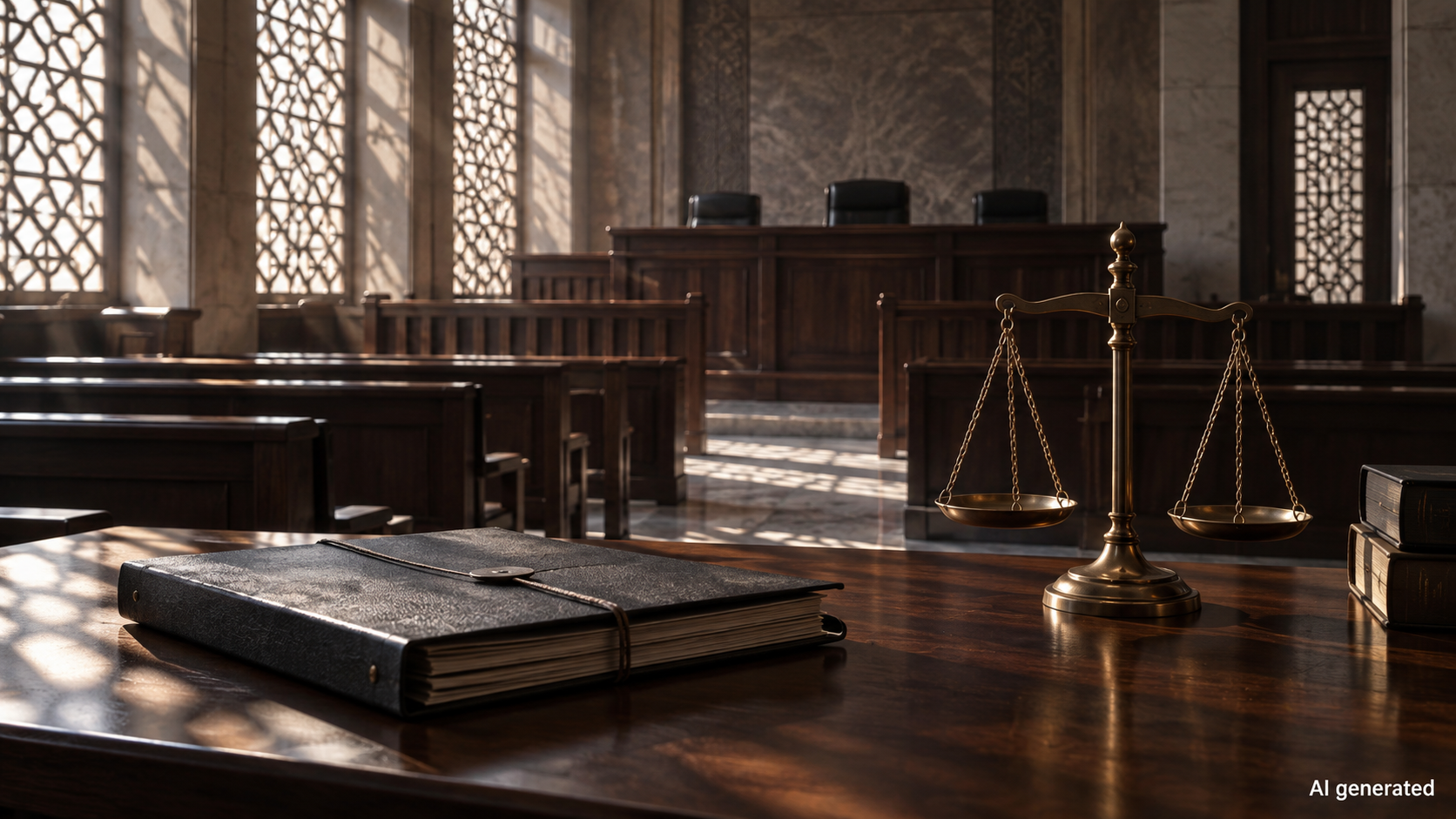 An empty fictional courtroom with a closed case file and scales of justice. AI generated.