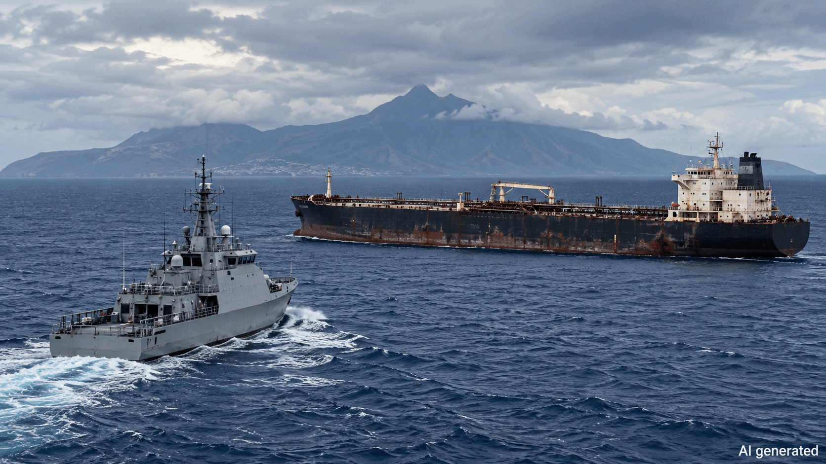 A generic patrol vessel approaching an old tanker near a tropical island, AI generated