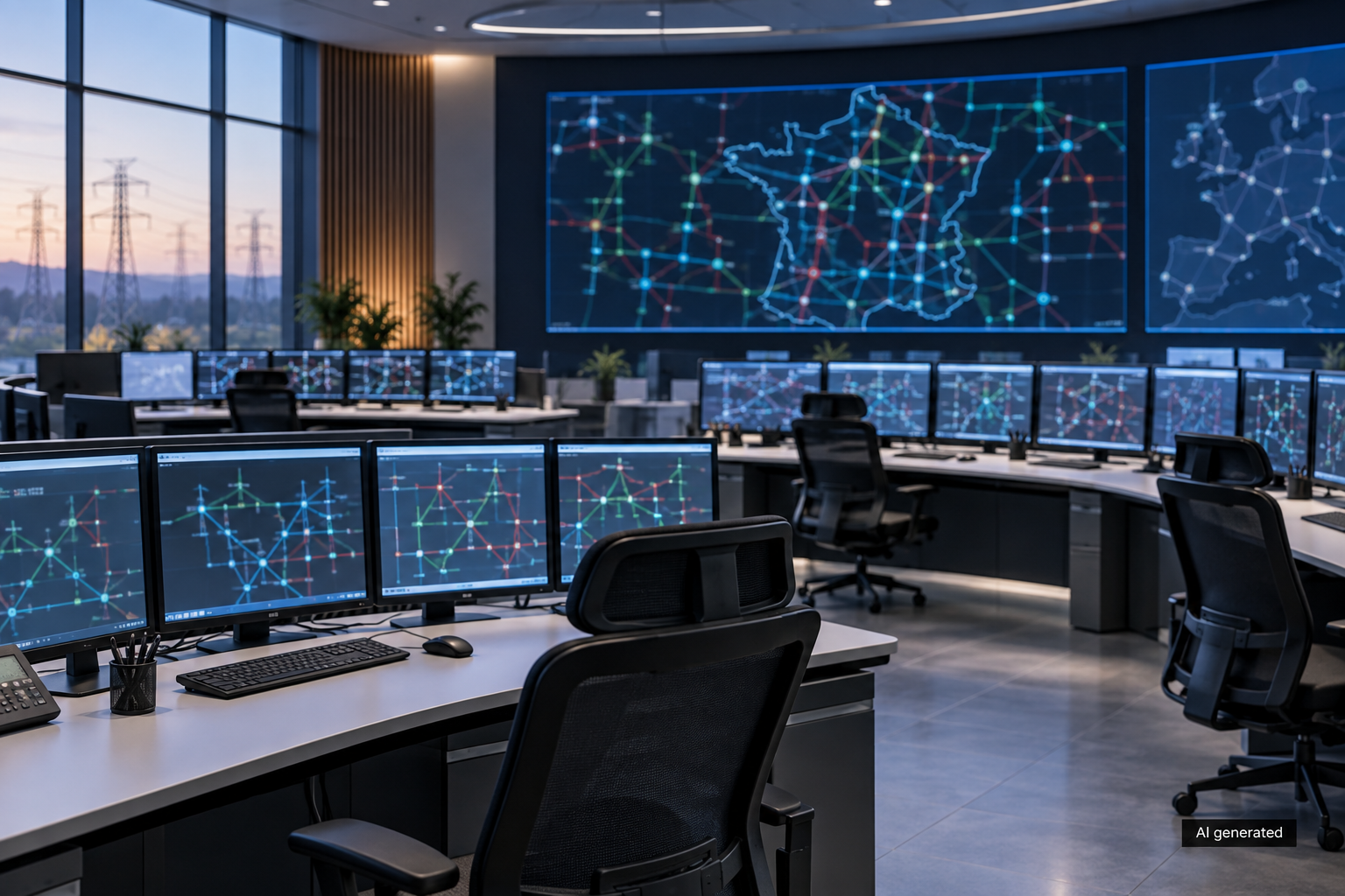 Empty operator chairs and abstract grid displays in a fictional electricity control room. AI generated.