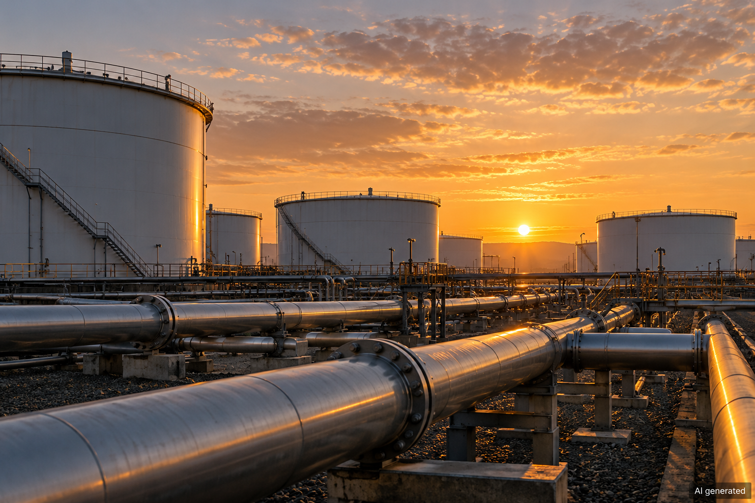 Generic fuel storage tanks and pipelines at dawn, AI generated