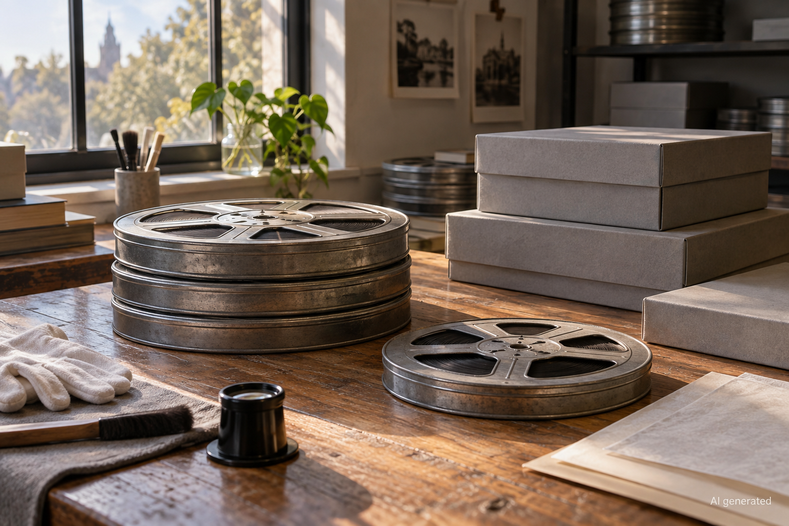 Film reels and archival boxes on an imagined conservation worktable, AI generated