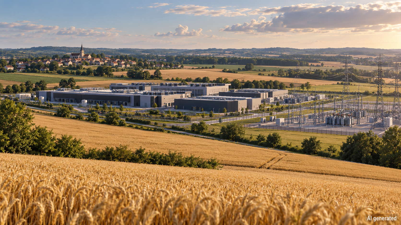A large data-centre campus beside fields and a village, AI generated