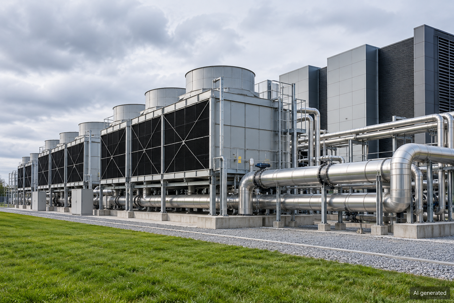 Industrial cooling equipment outside a generic data centre, AI generated