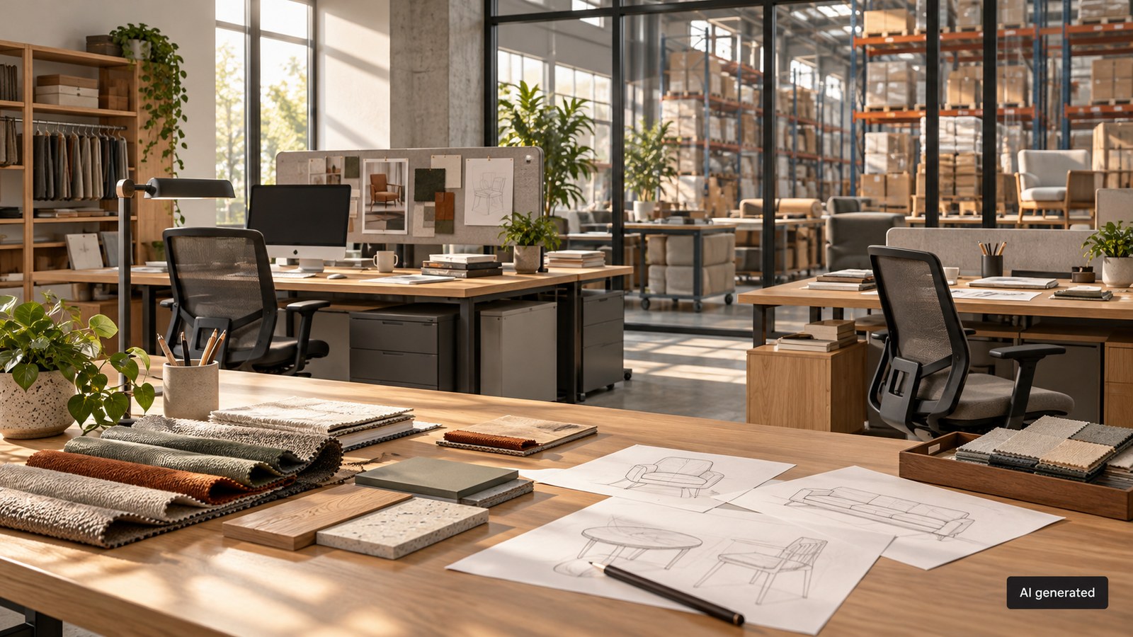 A generic furniture-company office with desks and fabric samples, AI generated
