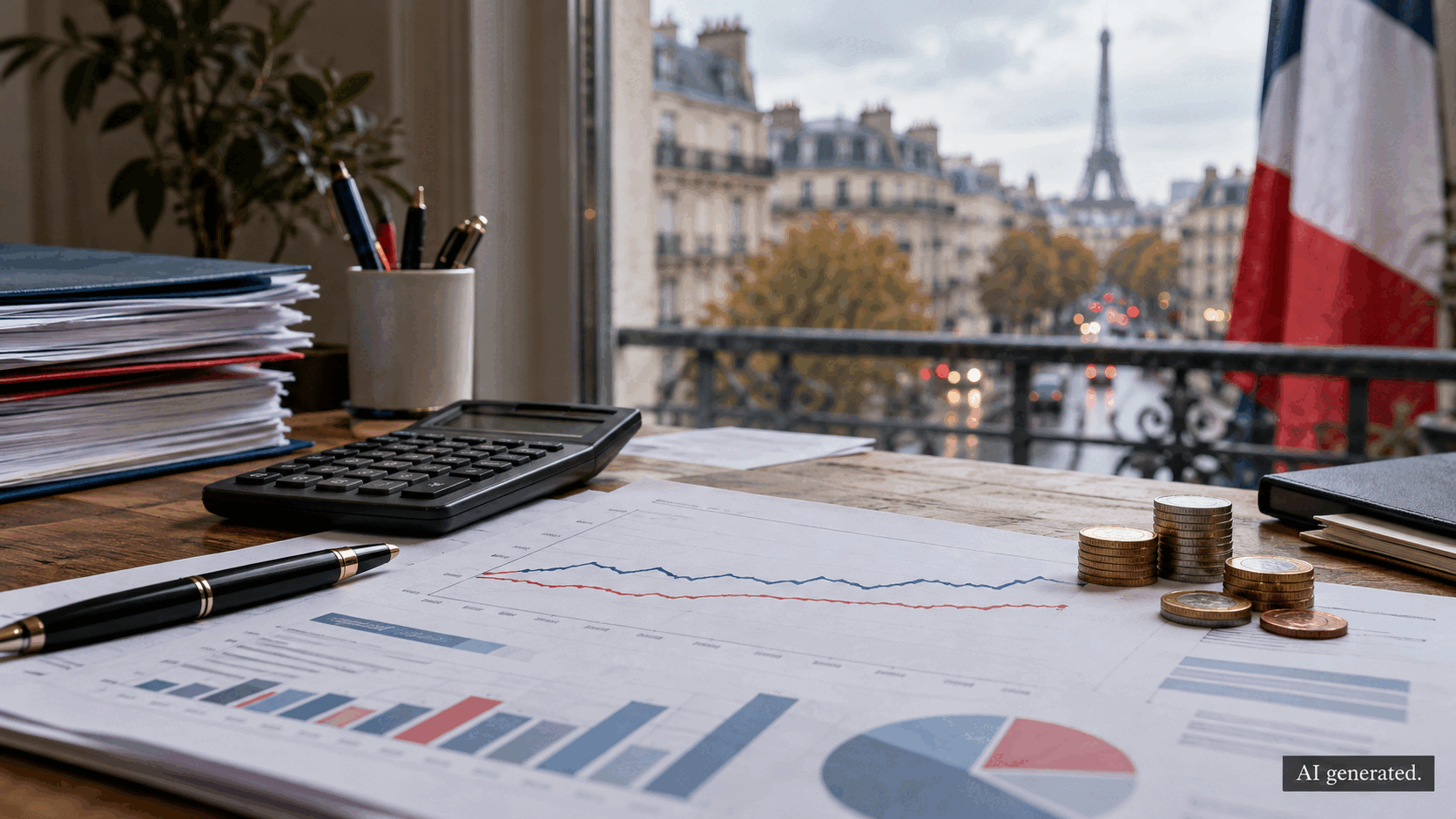 An economic desk with nearly flat charts and euro coins in Paris, AI generated