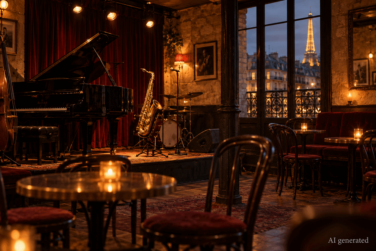 An empty Paris jazz club prepared for an evening performance, AI generated