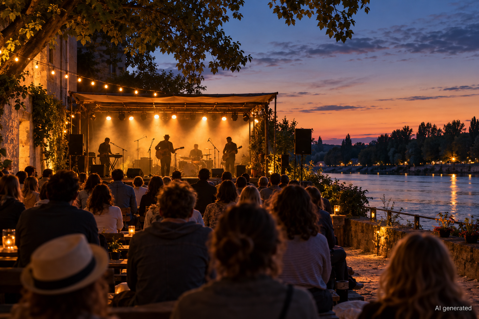 Small concert venue beside a river at dusk with anonymous performers, AI generated