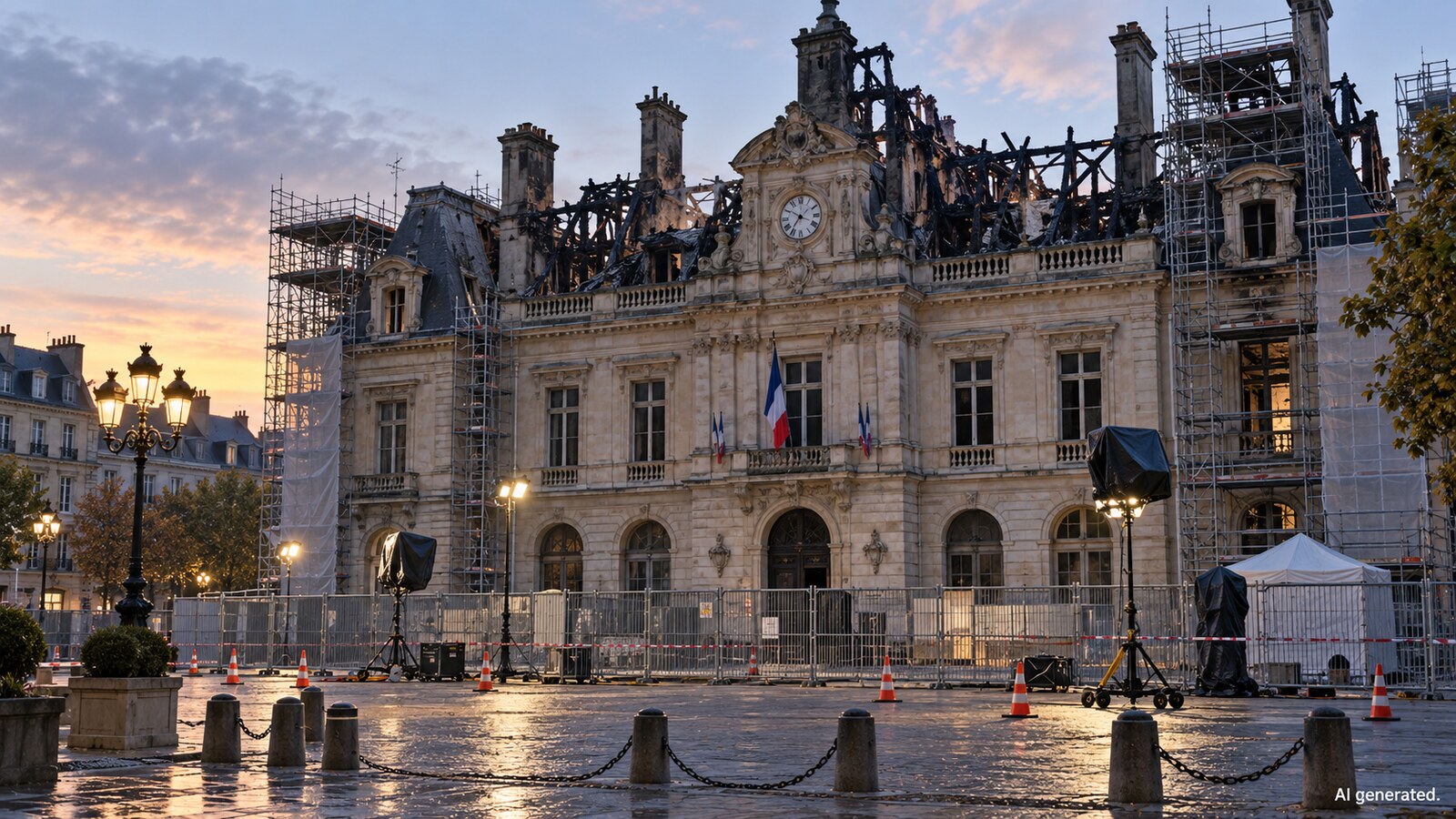A fire-damaged historic civic building behind protective fencing, AI generated