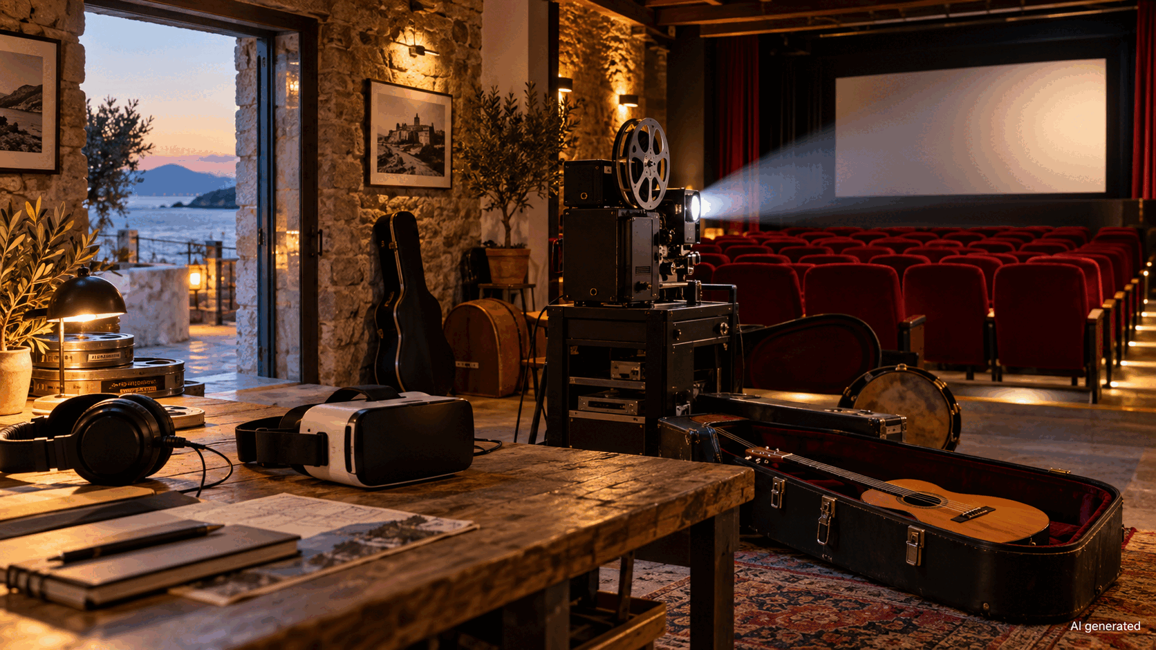 A small Mediterranean cinema with musical instruments and virtual-reality equipment, AI generated