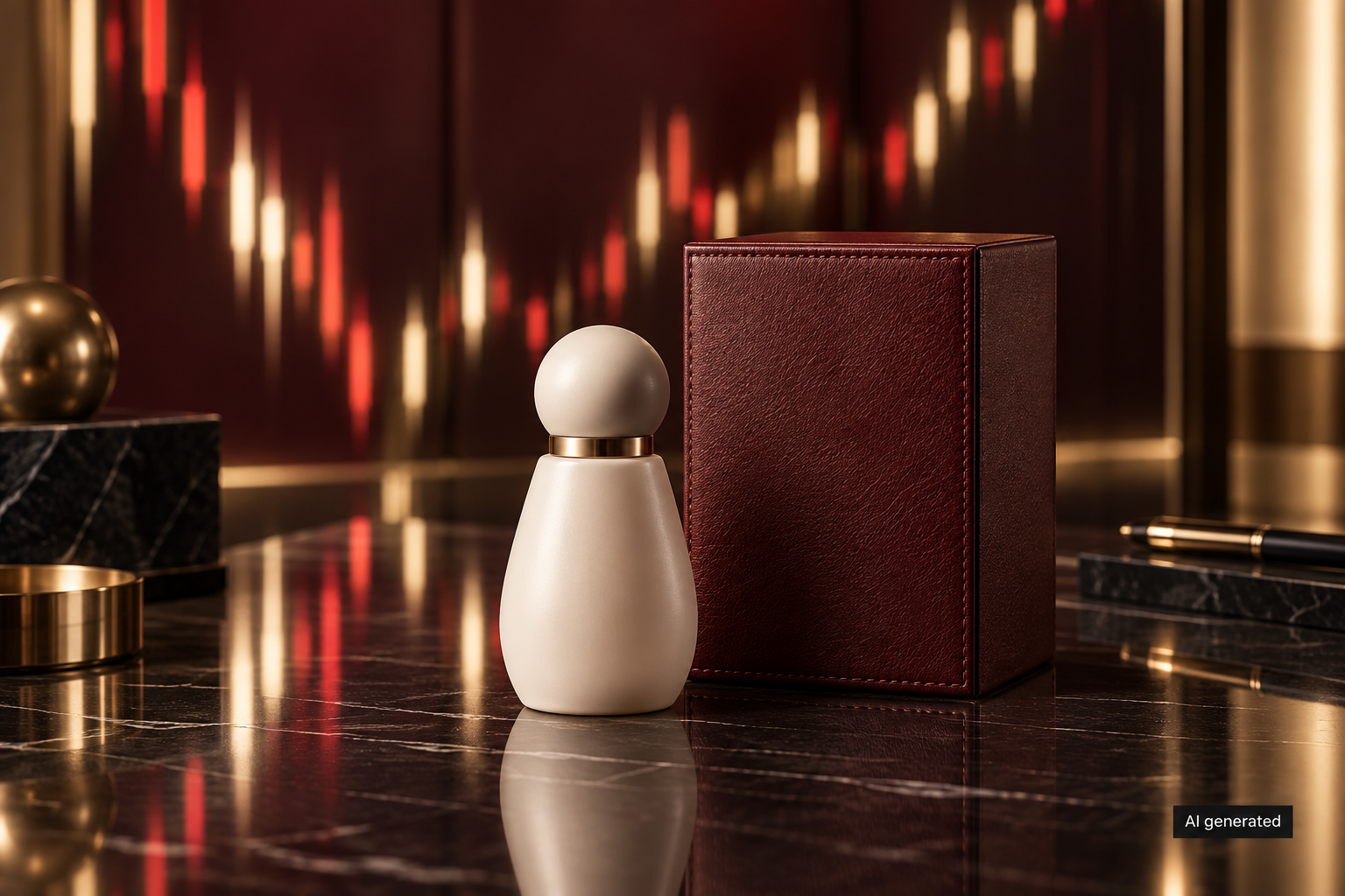 An unbranded cosmetic bottle and leather box in a fictional market-inspired still life. AI generated.