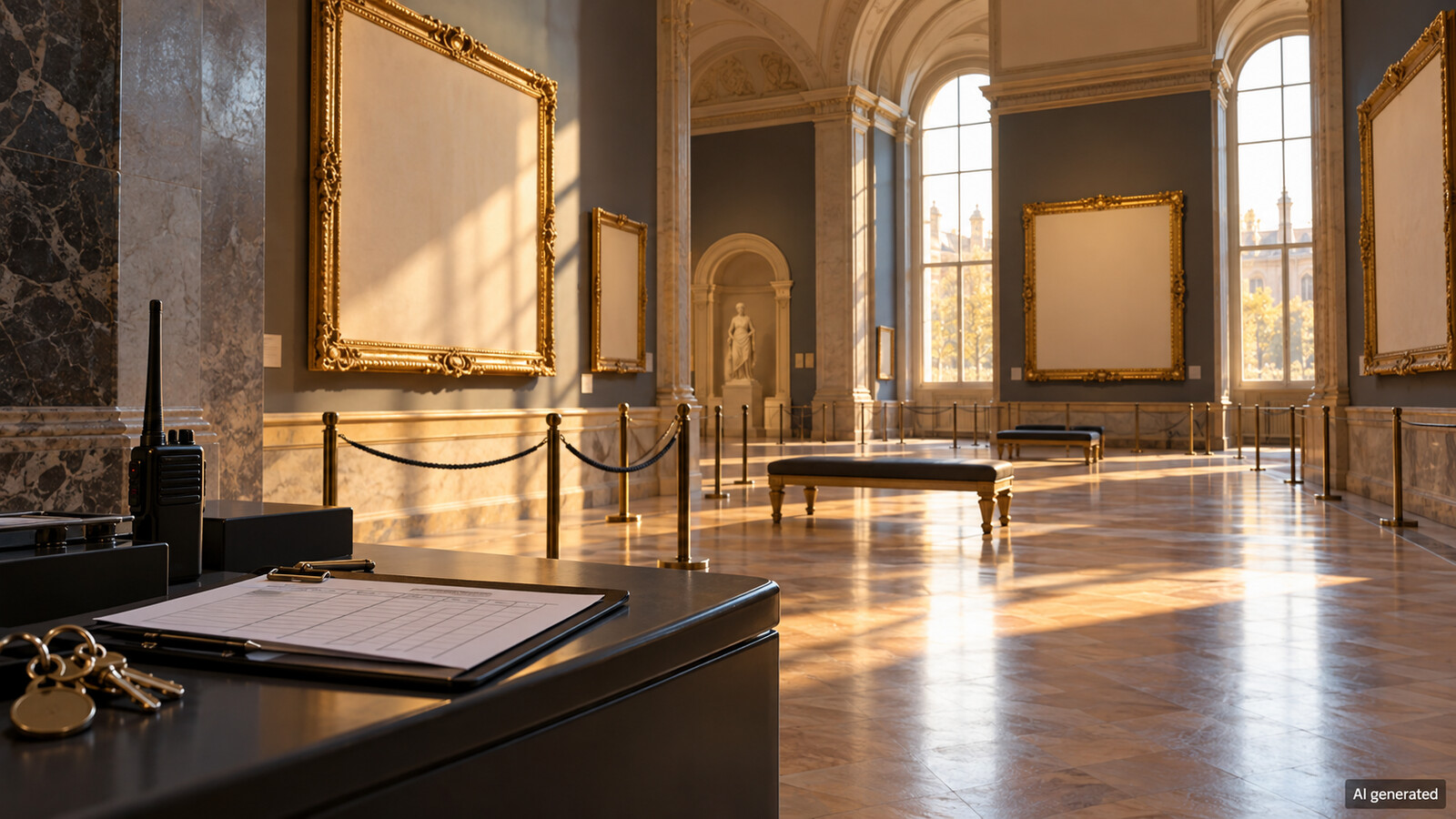 An imagined museum gallery and staff security desk before opening, AI generated