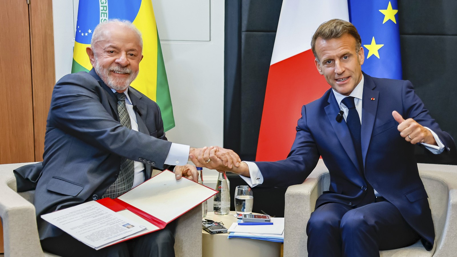 Emmanuel Macron meets Luiz Inácio Lula da Silva at the G7 in Évian-les-Bains on 15 June 2026. Photograph by Ricardo Stuckert.