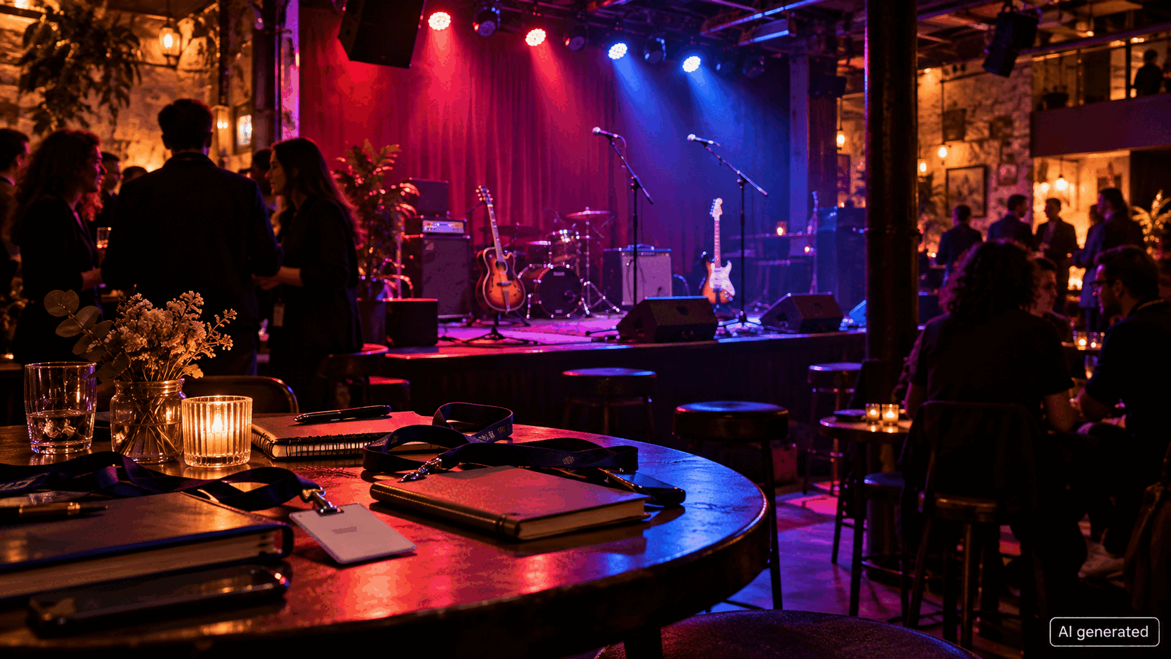 An anonymous Paris music venue prepared for concerts and professional meetings, AI generated