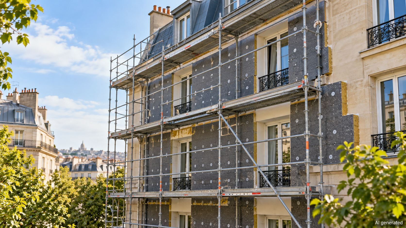 A French apartment building receiving exterior insulation during renovation, AI generated