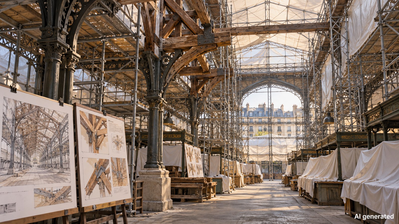 A historic covered market under protective scaffolding, AI generated
