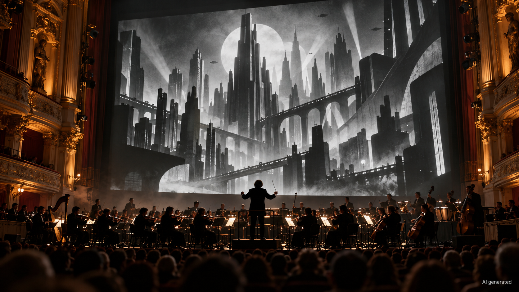 An orchestra performing beneath an abstract black-and-white futuristic city projection, AI generated