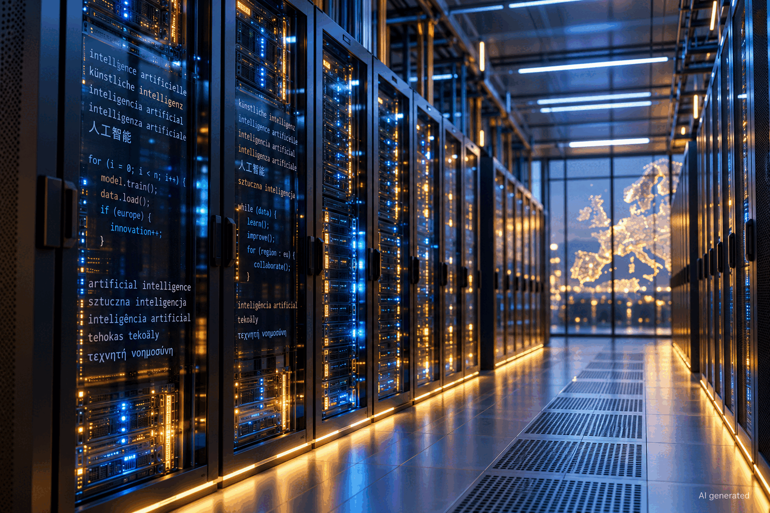 Abstract European AI data centre with multilingual code, AI generated