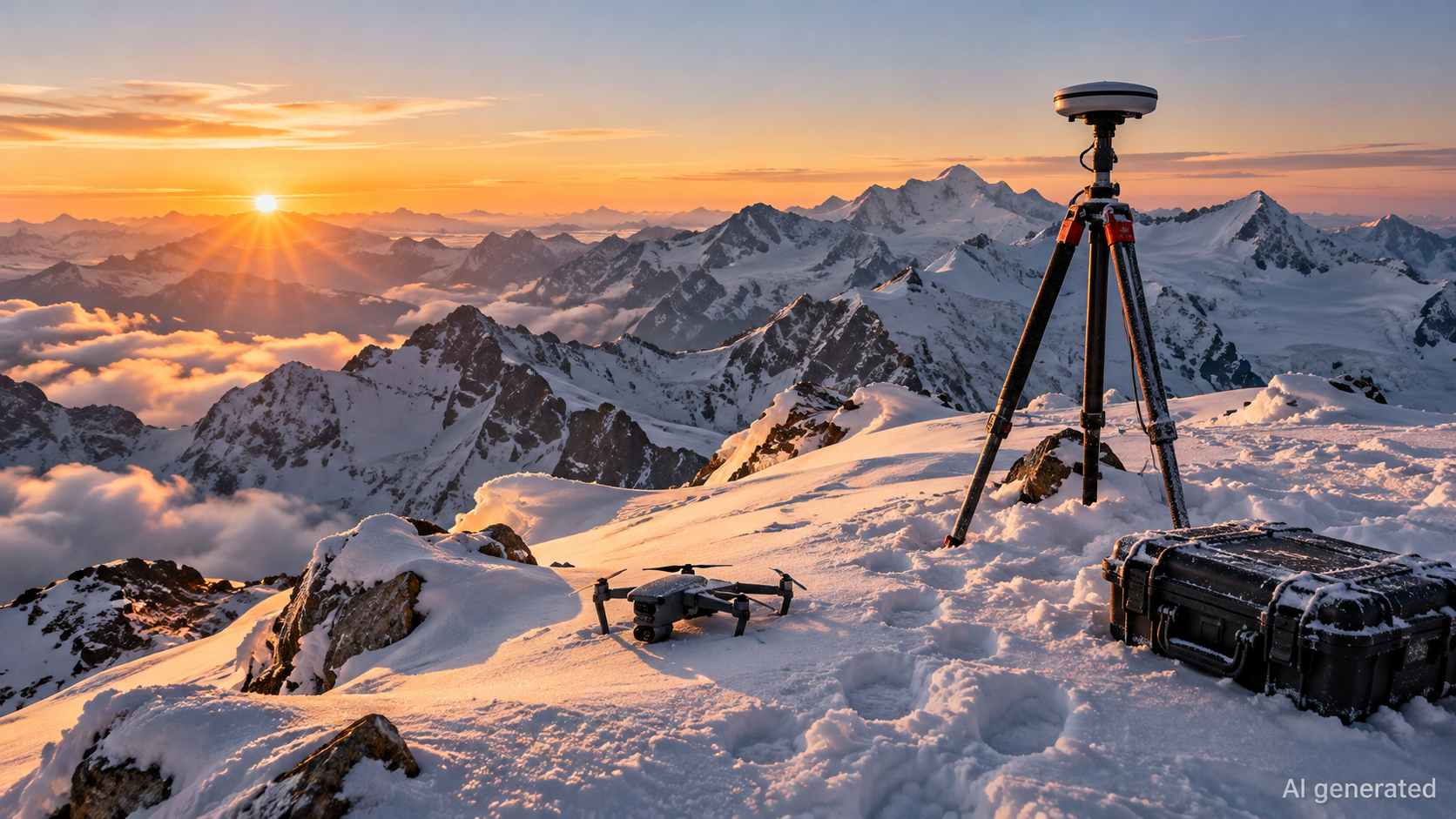 Survey instruments and a drone on a snowy Alpine summit at sunrise, AI generated