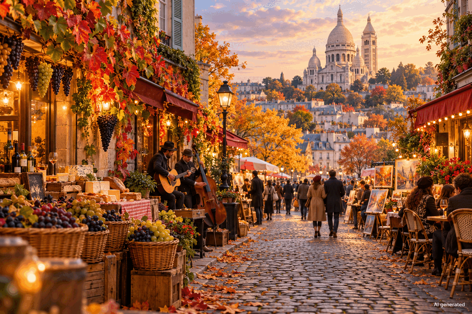 Autumn Montmartre street with grapes, music and food stalls, AI generated