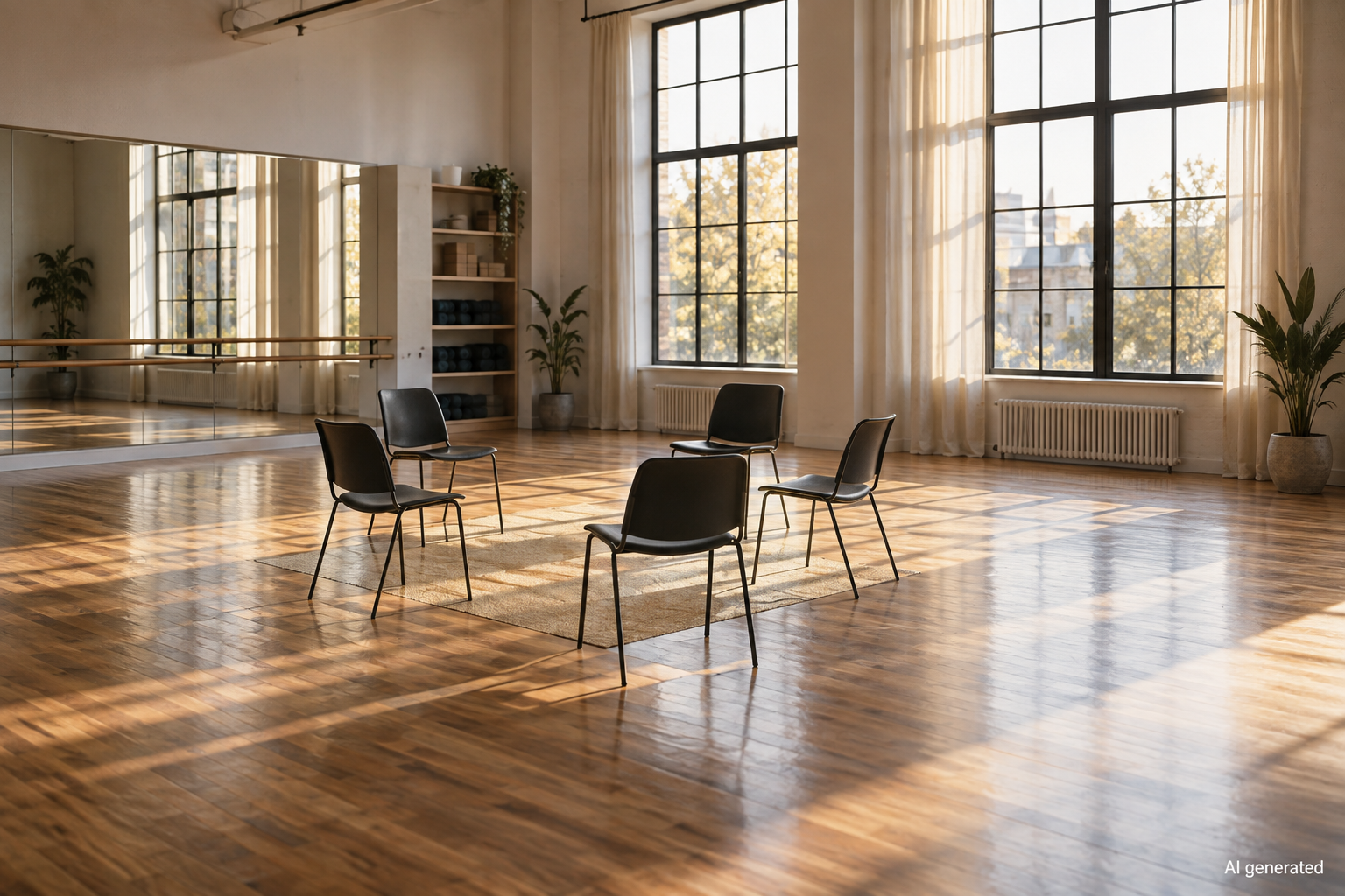 Empty fictional dance studio prepared for a group discussion, AI generated