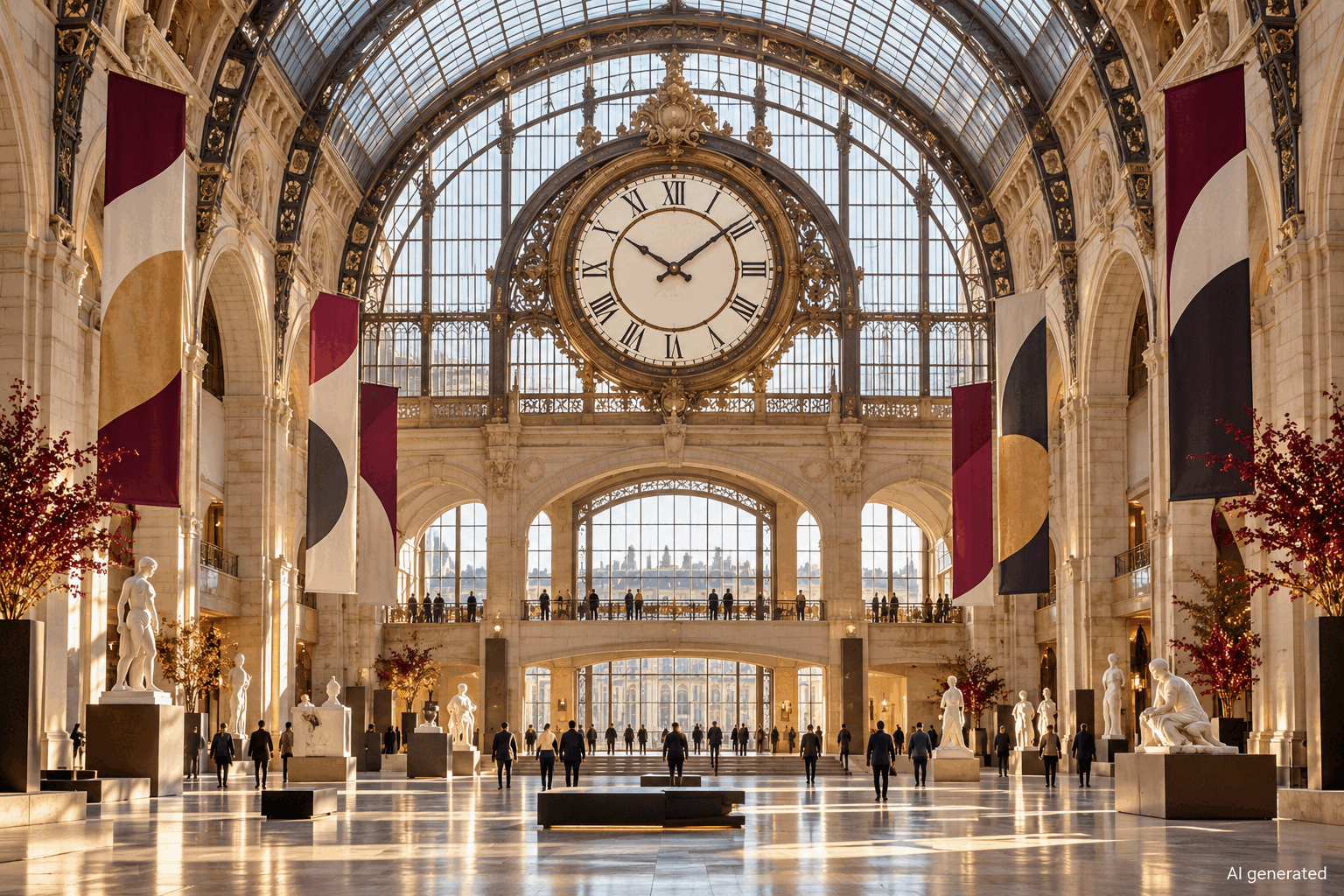 Grand museum hall inspired by a former railway station, AI generated