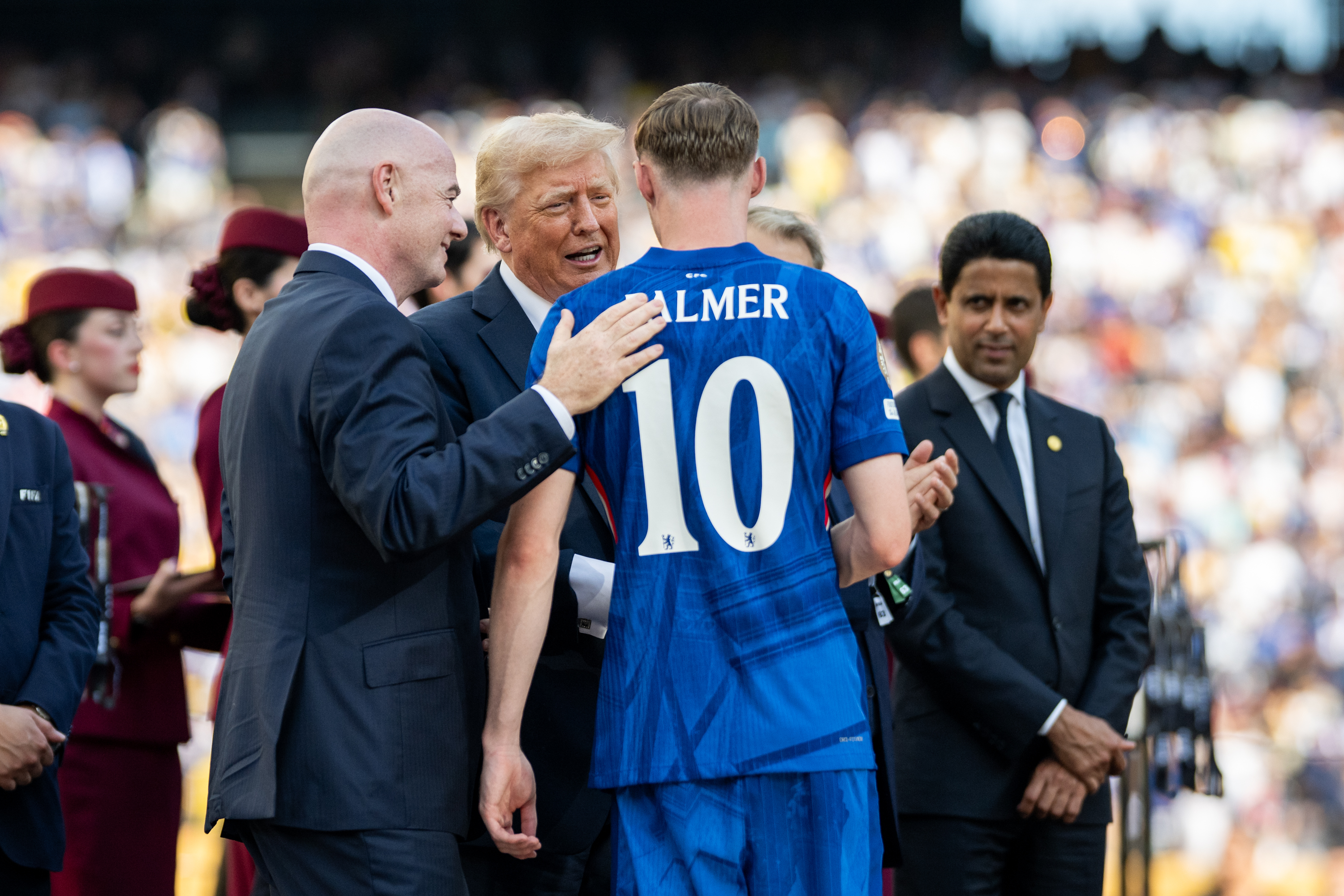 Nasser Al-Khelaifi at far right during the 2025 FIFA Club World Cup final post-match ceremony
