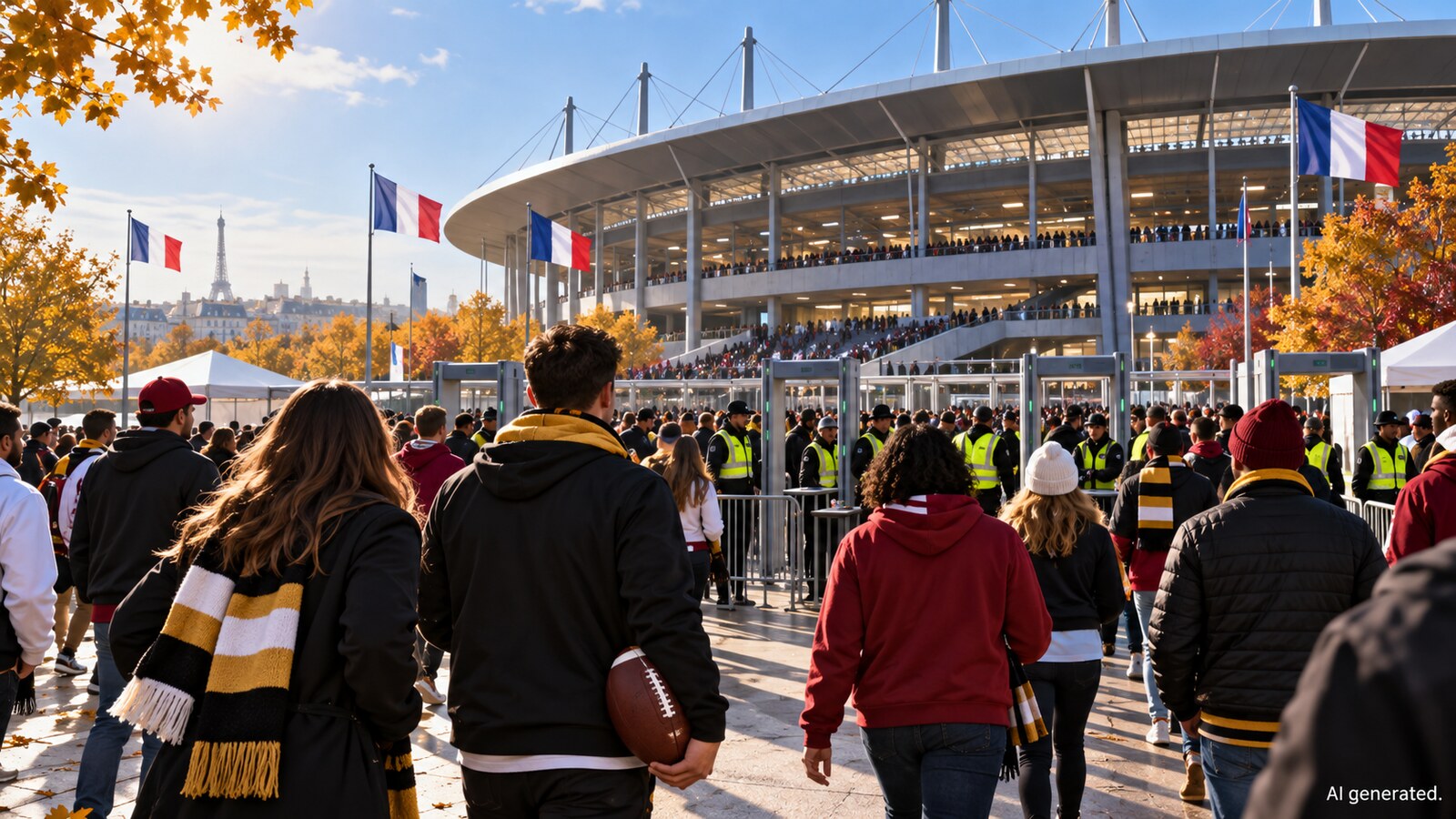 Fans approach a large Paris-region stadium carrying an American football, AI generated