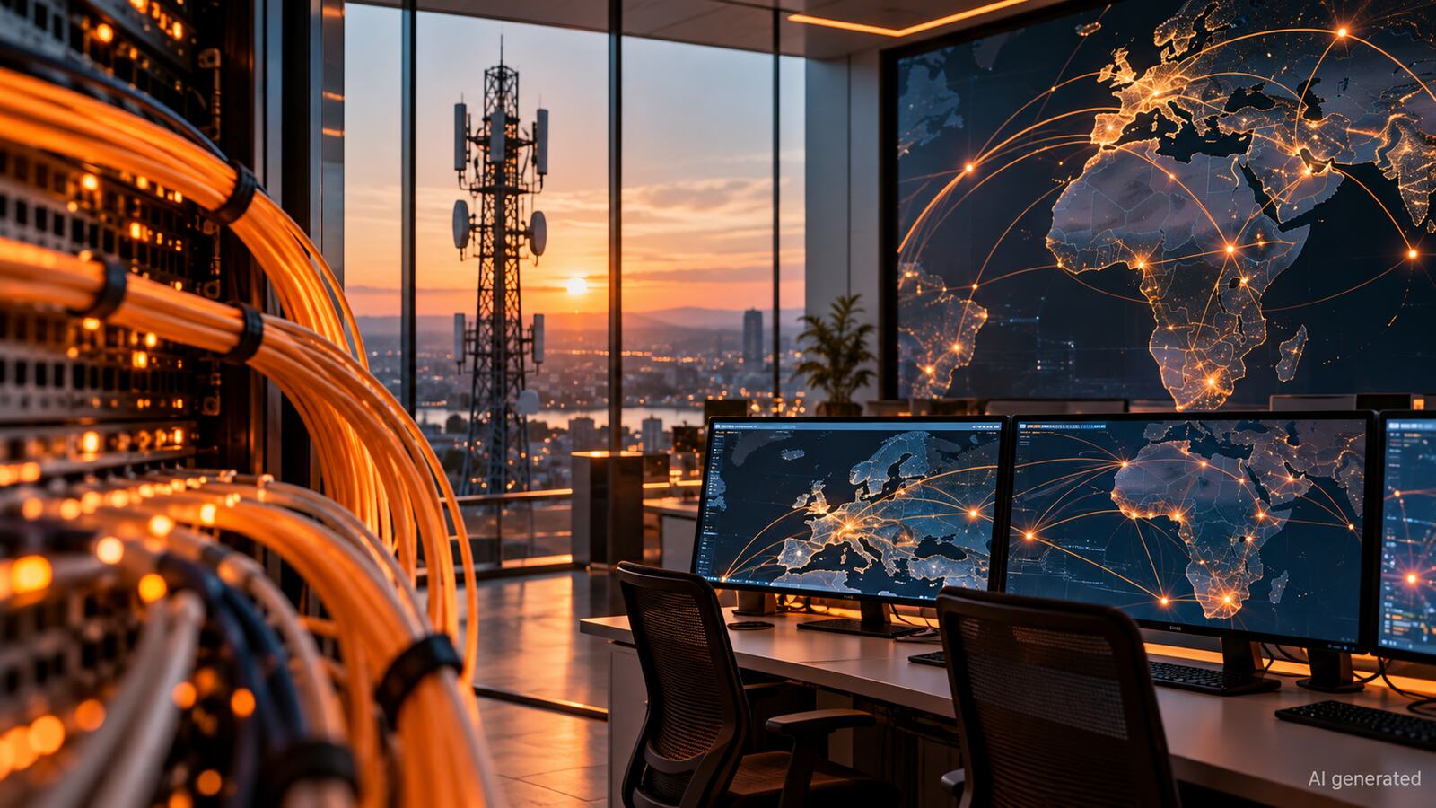 Imagined telecom network centre with fibre cables and global map, AI generated