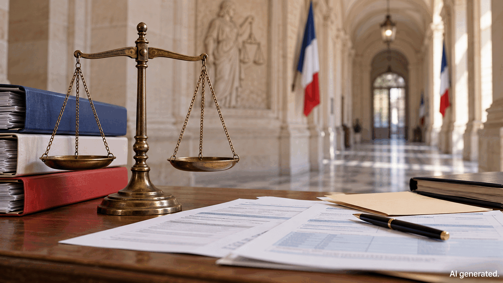 Balanced scales beside anonymous tax papers in a French administrative building, AI generated