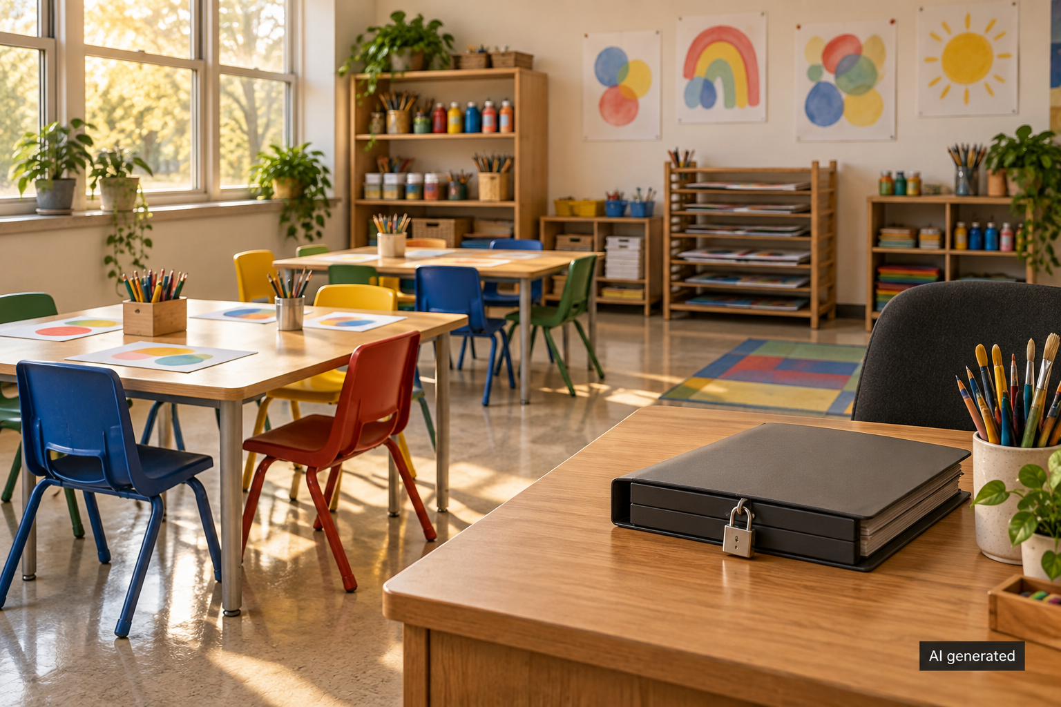 An empty fictional primary-school art room with a locked safety folder. AI generated.
