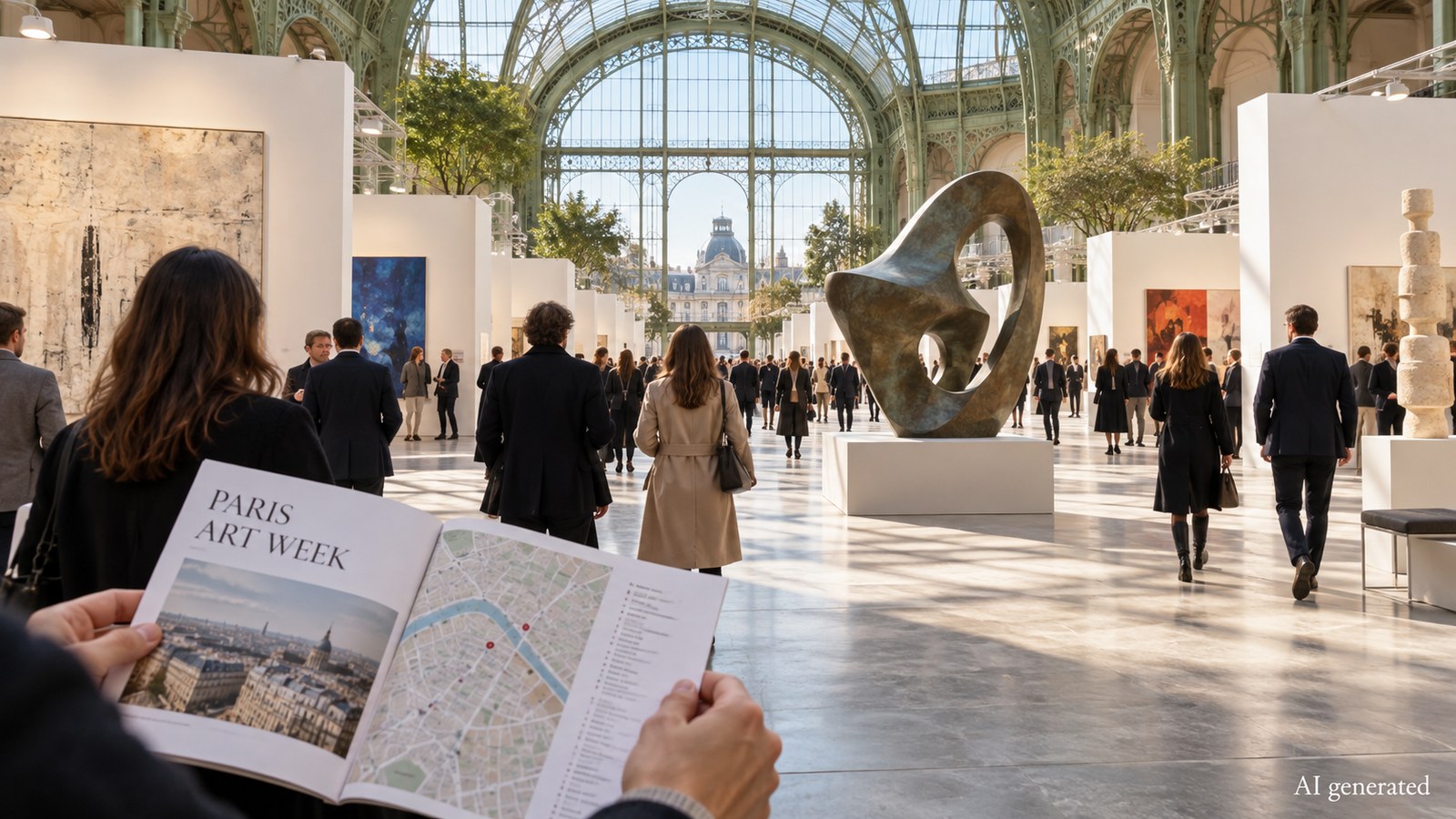 Visitors enter a generic contemporary art fair in Paris, AI generated