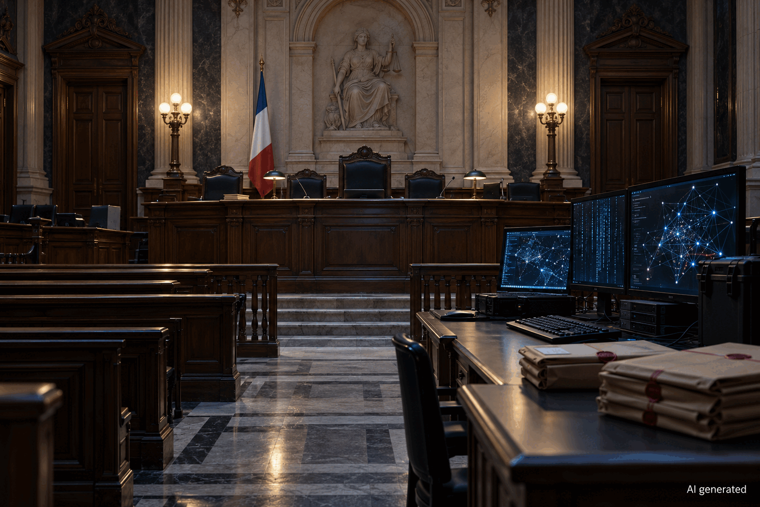 Empty courtroom with cybercrime evidence screens and sealed files, AI generated