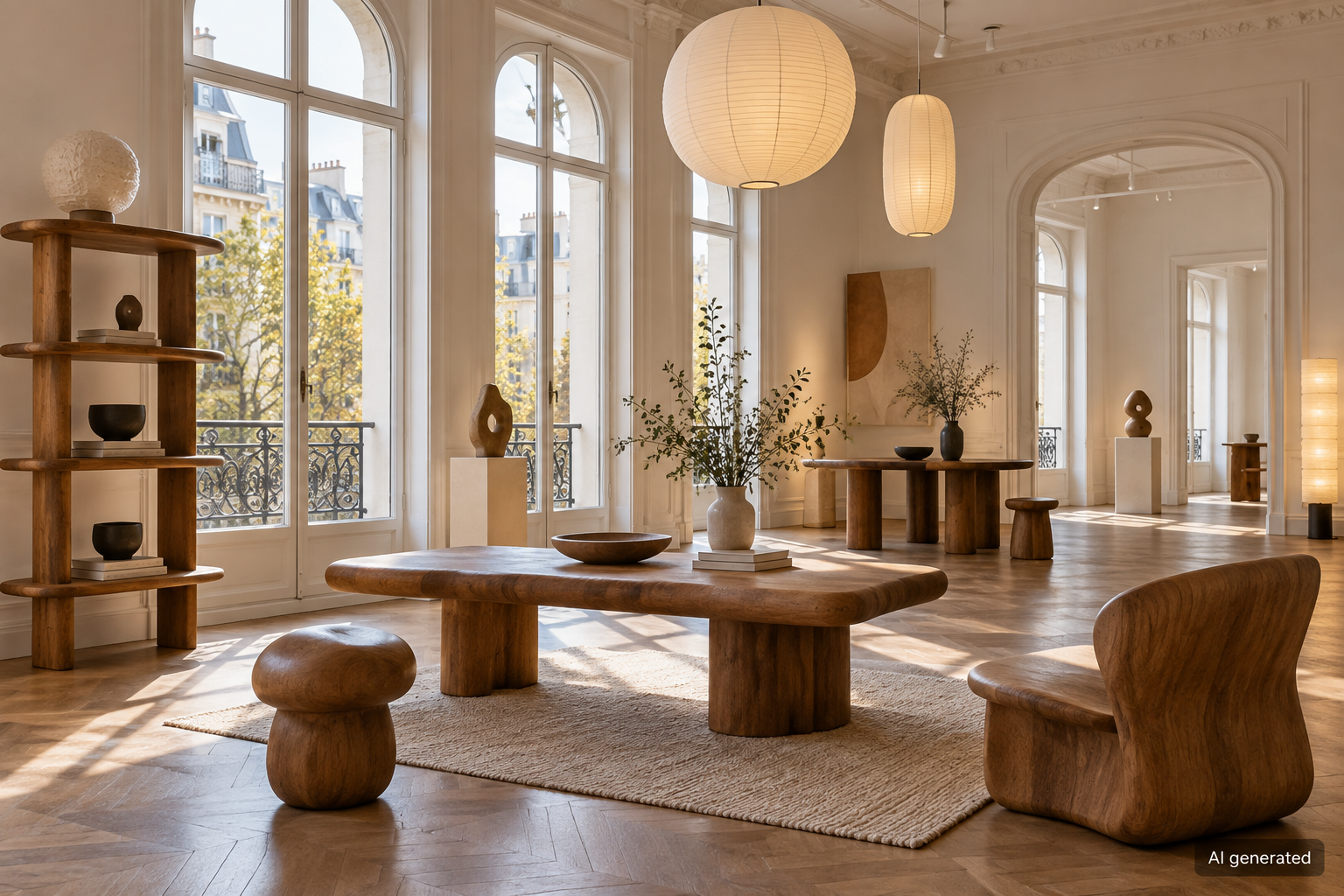Imagined design gallery with generic wood furniture and paper lamps, AI generated