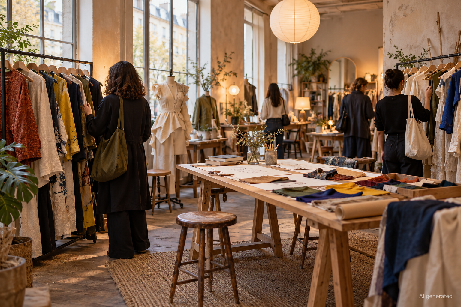 Independent fashion pop-up with garment racks and worktables, AI generated
