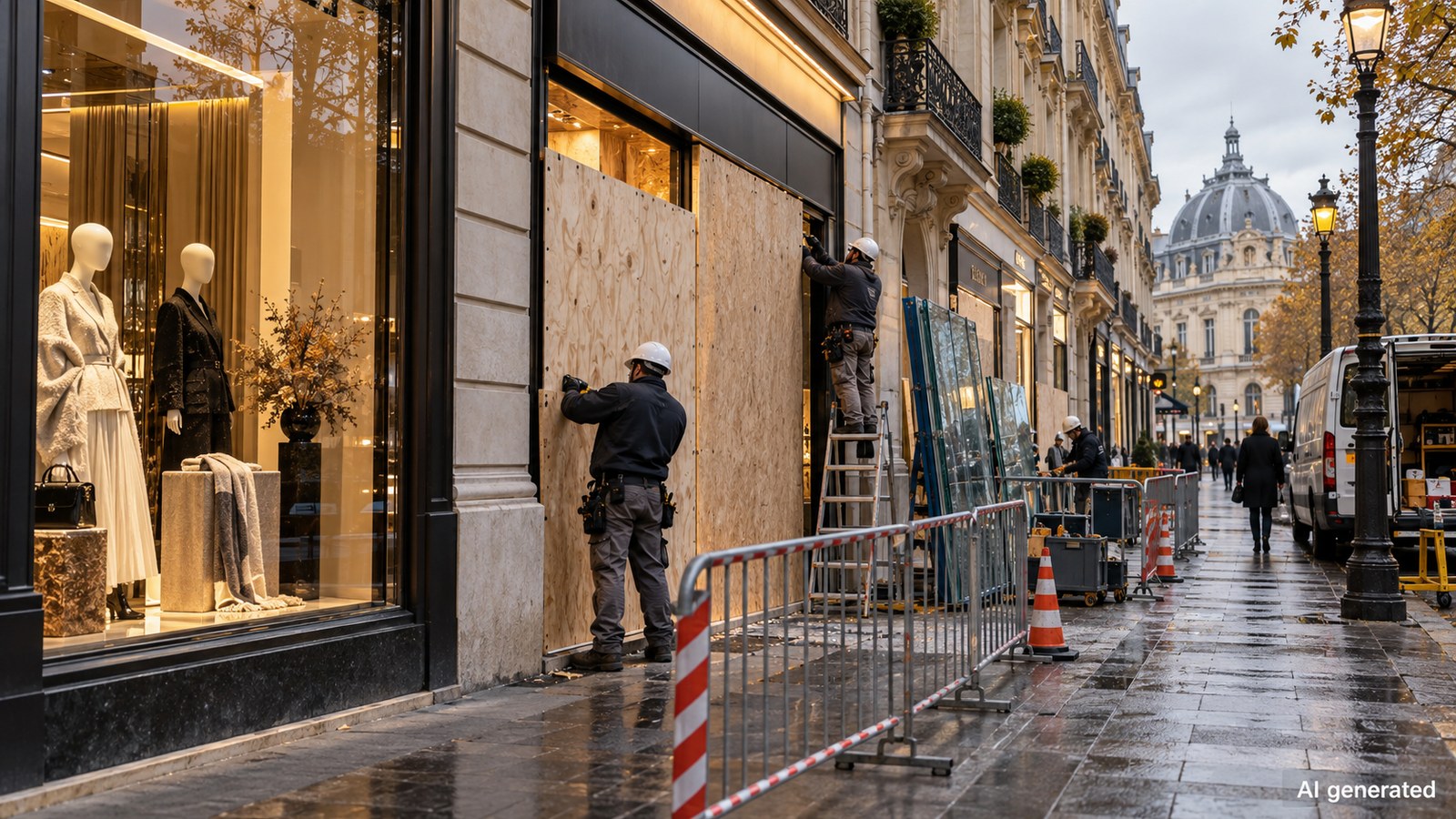 Workers repair a generic luxury storefront in Paris, AI generated