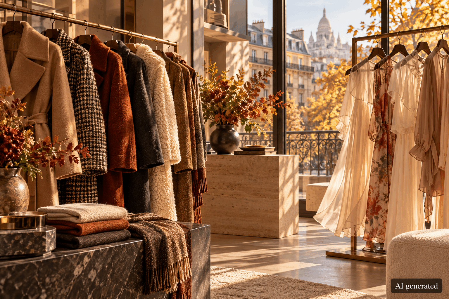 Autumn coats and lightweight fabrics in warm Paris sunlight, AI generated