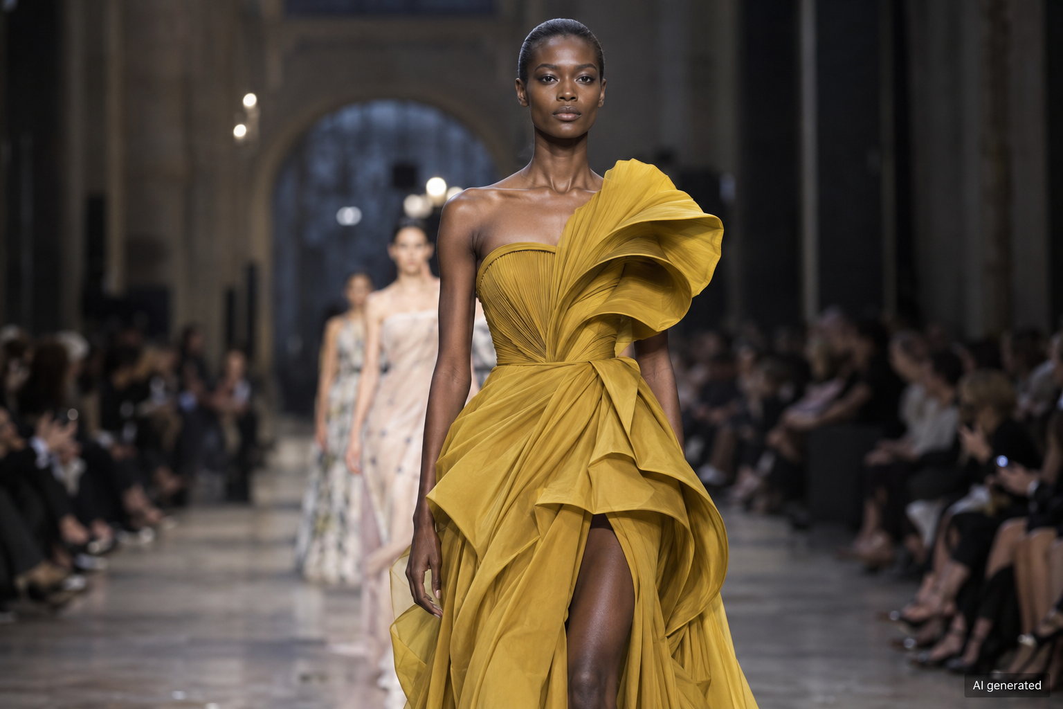 Model wearing a yellow dress at a fictional runway show — AI generated